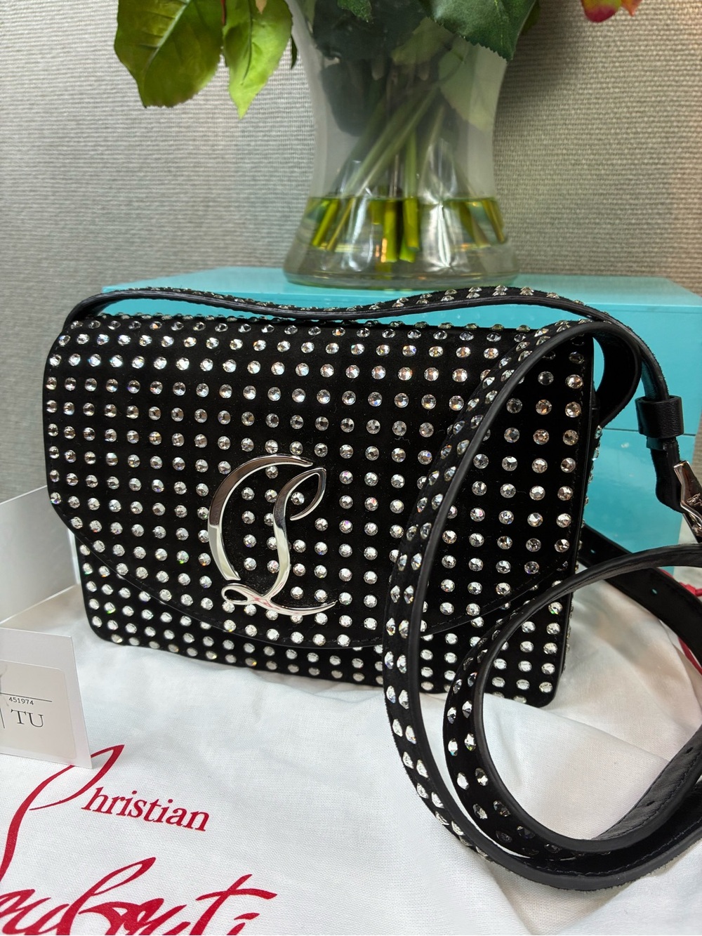 Christian Louboutin Loubi54 Crystal Studded Black Suede Strass Shoulder Bag NWT - Picture 2 of 13